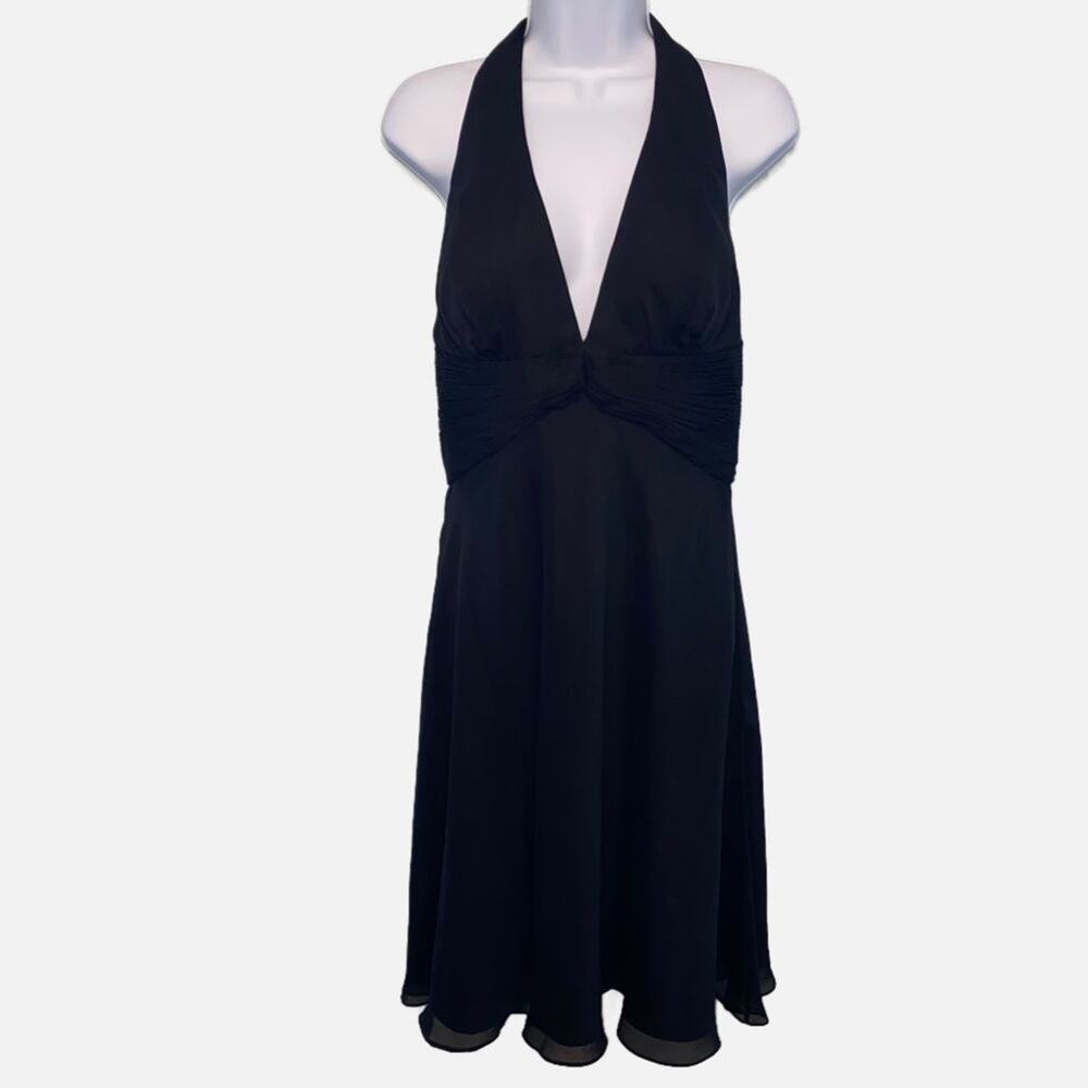 Morel Maxie Black Halter Empire Ruched Bodice Woman’s Dress beaded ties size M